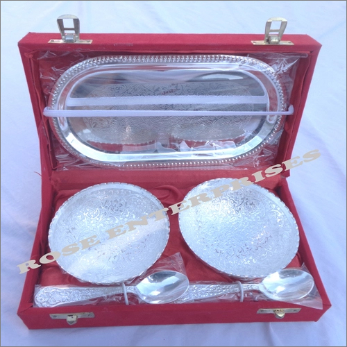 Brass Utensil set Tray And Bowls with Spoons (Silver Color)