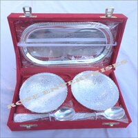 Brass Utensil set Tray And Bowls with Spoons (Silver Color)