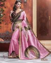 Poly Cotton Sarees - Poly Cotton With Banglori Silk Blouse, Hand Printed Designer Saree In Customized Size Up To 42"