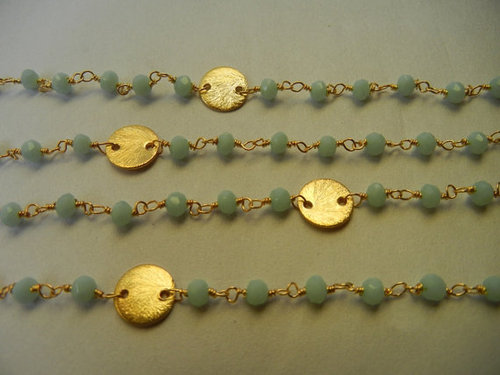 Amezonite Gold Plated Sterling Silver Beaded Chain with Silver Disks Sell per Meter