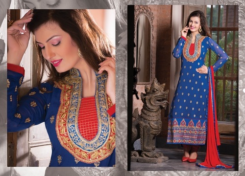 Charismatic Anarkali Salwaar Kameez - Polyester, Upto 46" Size, Blue with Contrast Dupatta | Heavy Embroidery, Lace Work, Elegant Design, Stylish Look