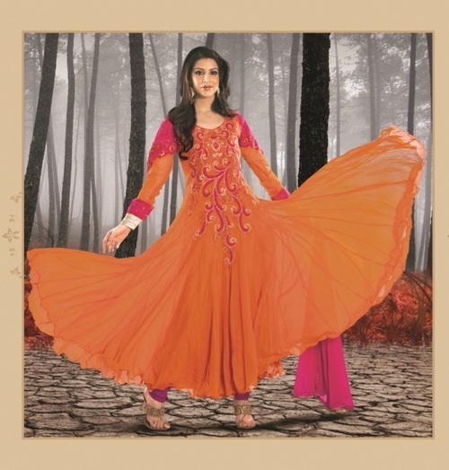 Embroidered Lehenga Choli - Georgette, Upto 44" Size, Orange | Heavy Embroidery, Contrast Dupatta, Intricate Lace, Elegant Anarkali Style