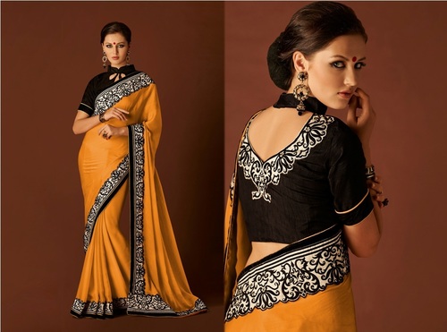 Charming Party Wear Saree - Silk, 5.5m, Mustard Yellow, 0.9m Blouse | Heavy Embroidery, Stone & Lace Work