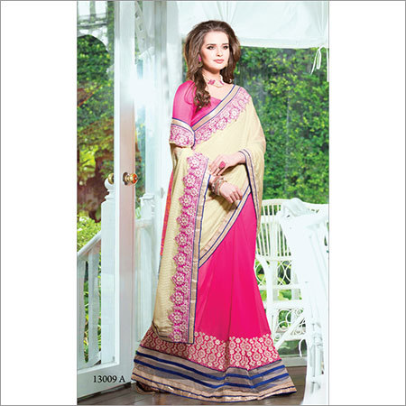 13009 - Georgette Fancy Designer Party Wear Saree, 6.30 Size, Pink Color, Embroidered Pattern, All Season, Short Sleeves, Washable