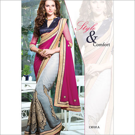 13010 A - Georgette, 6.30 Size | Embroidered Pattern, Pink and Grey Color, Bollywood Style, Ideal for Spring, Summer, Winter, Rainy Seasons
