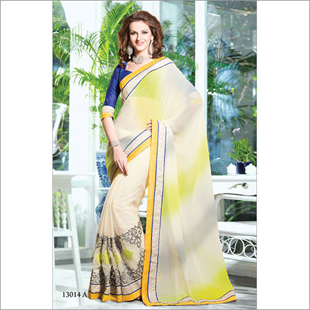 13014 - Georgette Fabric, Size-6.30 | Stylish Bollywood Designer Cream Printed Party Wear Saree for All Seasons