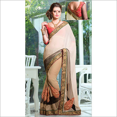 13015 - Chiffon, Size 6.30, Cream Colour Stylish Embroidered Fancy Party Wear Saree | Bollywood Style, Suitable for All Seasons