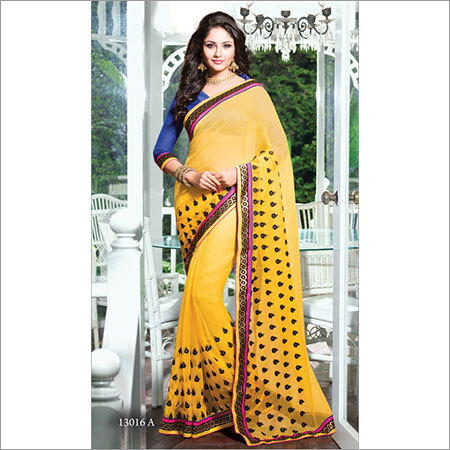 13016 A - Net Fabric, 6.30 Meters | Yellow Printed Bollywood Style Fancy Designer Party Wear Saree for All Seasons
