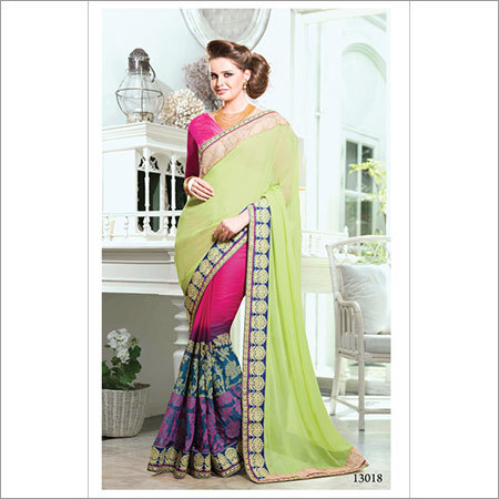 13018 - Georgette Light Perrot Rani Colour Fancy Party Wear Saree, 6.30 Feet | Green, Pink & Purple Printed Chiffon, Bollywood Style, All Seasons