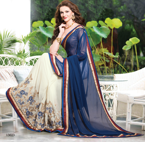 13023 - Chiffon Fabric, 6.30 Meters | Blue & Cream Banarsi Embroidered Saree for Summer, Winter, Rainy, Spring Celebrations