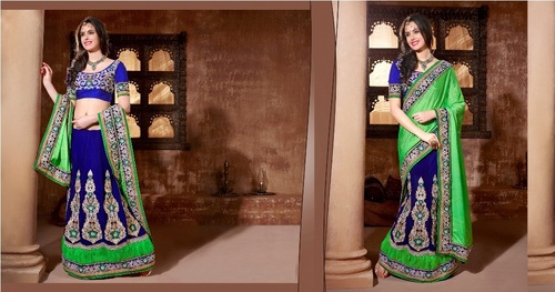 Pretty Saree - Silk Blend, 5.5 Meters, Green | Heavy Embroidery, Stone & Lace Work, Matching Blouse, Party Wear