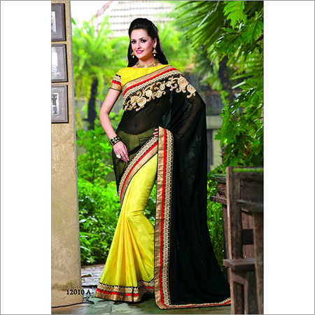 12010 A - Georgette, Size 6.30 | Fancy Stylish Black & Yellow Embroidered Saree for All Seasons, Bollywood Style Party & Wedding Wear