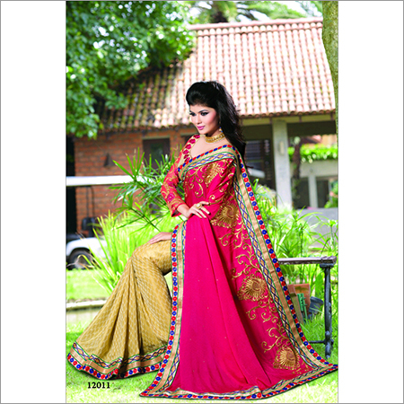 12011 - Georgette Fabric, Size 6.30 | Pink and Golden Color, Fancy Stylish Design with Heavy Embroidery, Ideal for Weddings and Parties