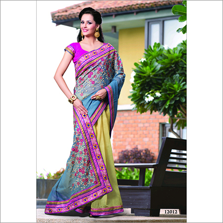 12012 - Cotton + Net, 6.30 Feet | Blue & Chiku Colour Fancy Designer Party & Wedding Wear Stylish Bollywood Saree, Printed Chiffon, All Seasons