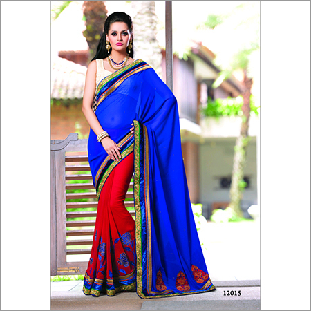 12015 - Georgette, 6.30 Size | Blue and Red Embroidered Bollywood Style Party Wear Designer Saree for All Seasons