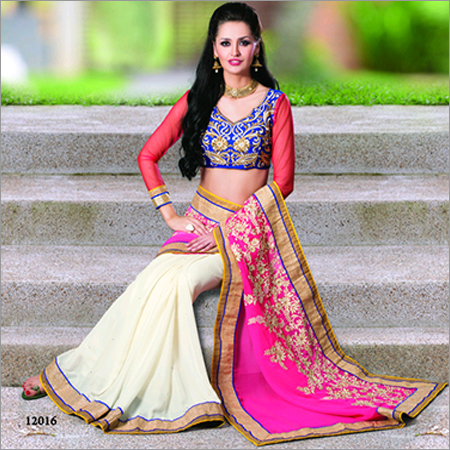 12016 - Chiffon, 6.30 Size | White and Pink Lahenga Saree with Resam Embroidery for All Seasons, Stylish Party and Wedding Wear