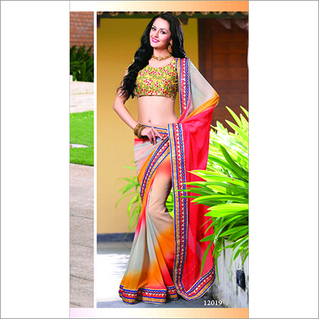 12019 - Chiffon, 6.30 Feet | Red & White Bollywood Style Printed Saree with Lace Closure, Suitable for All Seasons
