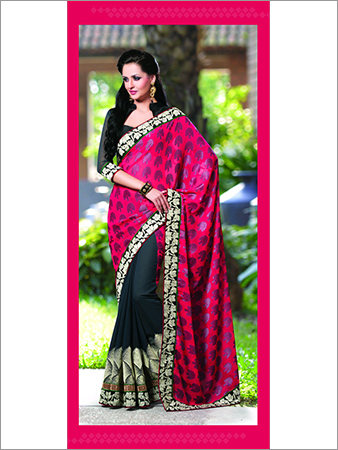 12021 - Georgette Fancy Party Wear Saree, 6.30 Size | Red & Black Color, Bollywood Style, Suitable for All Seasons