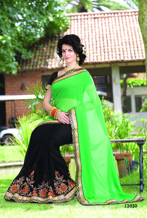 12020 - Chiffon, 6.30 Size | Green & Black Embroidered Party Wear Saree, Bollywood Style for All Seasons