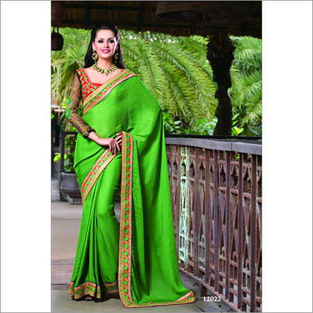 12022 - Chiffon Fabric, 6.30 Size | Green Colour Fancy Designer Party Wear Saree, Stylish for All Seasons: Rainy, Spring, Summer, Winter