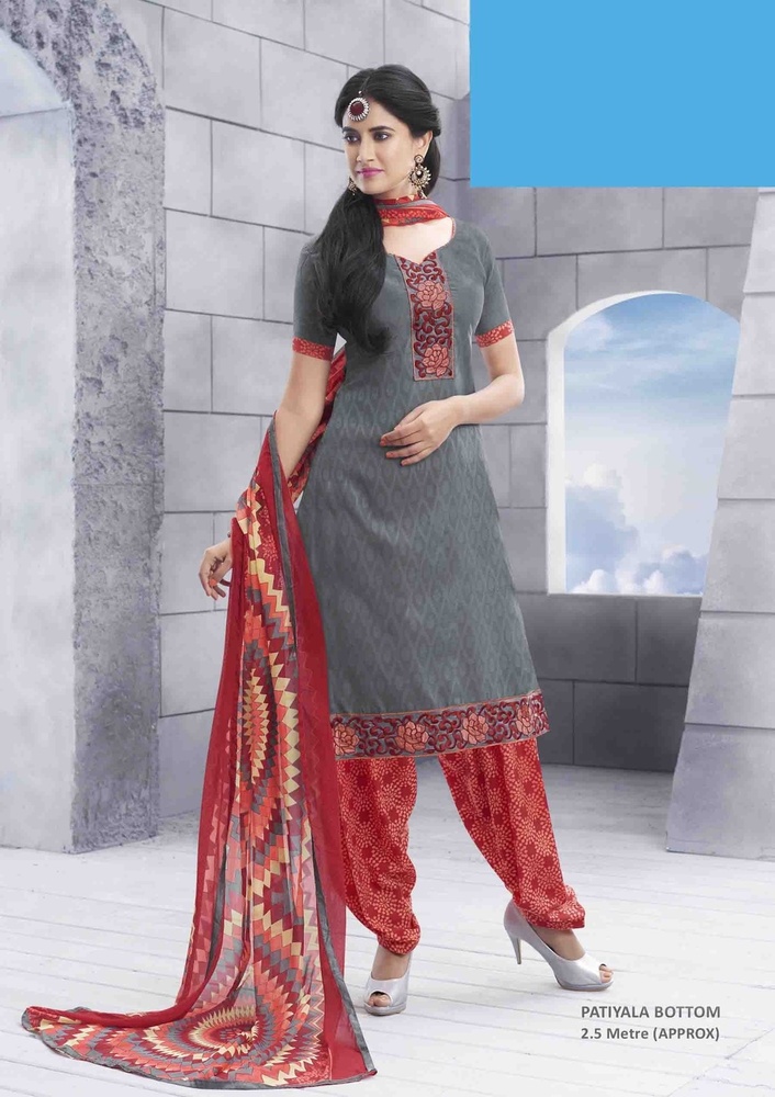 Simple Gray Patiyala Suit - Cotton Fabric, Upto 42", Gray Top, Printed Red Bottom, Chiffon Dupatta | Bollywood Style, 3/4 Sleeves, Traditional Design, Comfortable Fit
