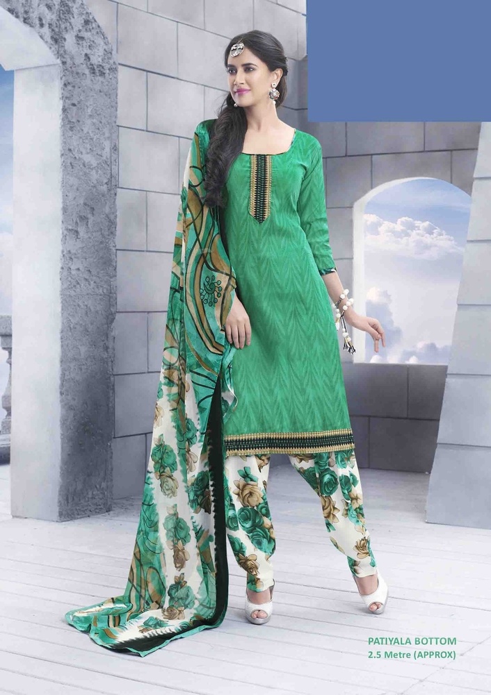 Green Patiyala Suit - Cotton Bottom, Chiffon Dupatta, Upto 42" , 3/4 Sleeves, Bollywood Traditional Style