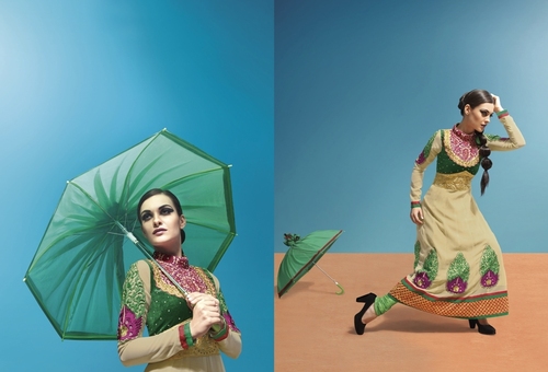 Irresisteble Salwaar Kameez - Silk Blend Up to 44" Beige, Contrast Dupatta, Heavy Embroidery, Stone & Lace Work