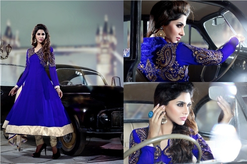 Lovely Salwaar Kameez - Velvet, Upto 44" Size, Blue | Heavy Embroidery, Stone & Lace, Matching Dupatta, Anarkali Style