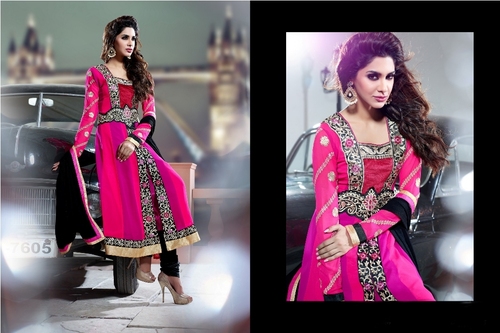 Striking Salwaar Kameez - Pink, Up to 42" Size, Contrast Dupatta | Heavy Embroidery, Stone & Lace Work, Elegant Design