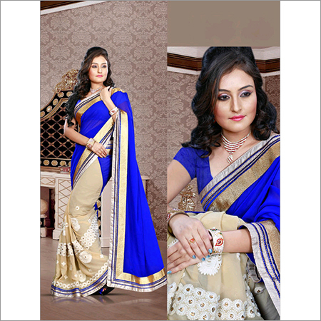 Blue & Beige Chiffon Fancy Designer Saree - Free Size, Embroidered Pattern with Laces, Washable and Fade-Resistant