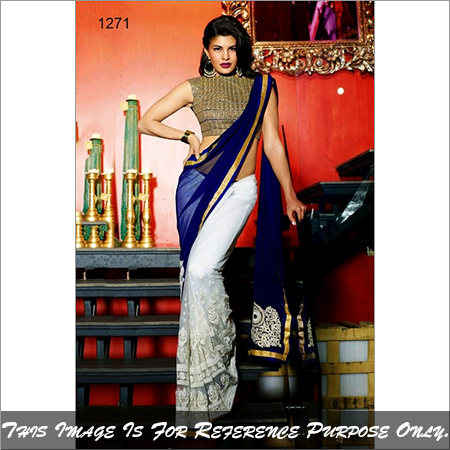 1271 - Georgette Fabric, 6.30 Size, Blue & White Colour, Ethnic Dress | Washable, Embroidered Pattern, All Season, Sleeveless Style