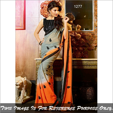 1277 - Chiffon Party Wear Saree 6.30 Ft | Grey & Orange, Embroidered, Sleeveless, Washable, No Fade, Suitable for All Seasons