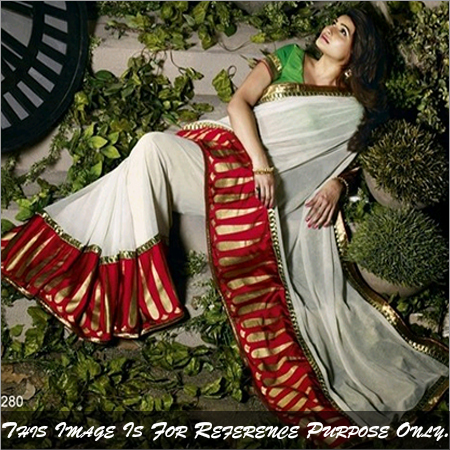 1280 - Jacquard Chiffon Saree 6.30, White and Red Ethnic Wear for Weddings | All Season, Short Sleeves, Washable, Plain Design