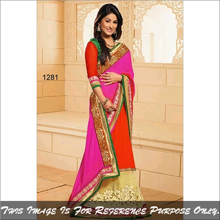 1281 - Chiffon Saree 6.30m | Pink & Red Color, Embroidered Design, Full Sleeves, Washable, Dry Clean, No Fade, Ideal for All Seasons