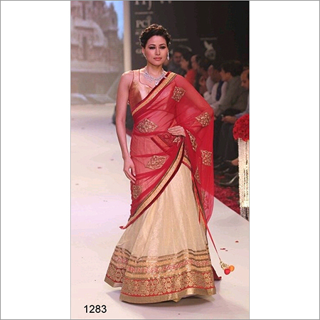 1283 - Silk, Free Size | Red & Cream Embroidered Lehenga, Sleeveless, Washable, No Fade, Laces Decoration, All Season Wear