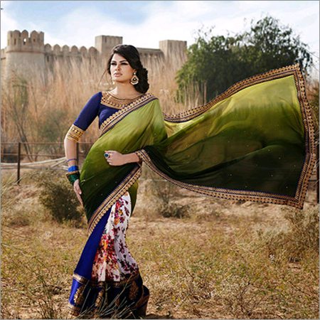 1287 - Georgette Party Wear Saree, 6.30 ft | Green and White, Printed Pattern, Ethnic Dress with Short Sleeves, Washable, All Season