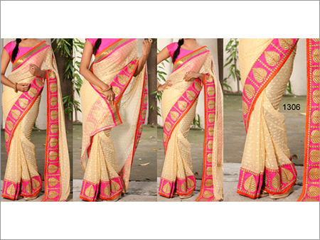 1306 - Net Fabric Embroidered Fancy Designer Saree, Cream and Pink Color, Size 6.30 | Stylish Bollywood Party Wear for All Seasons