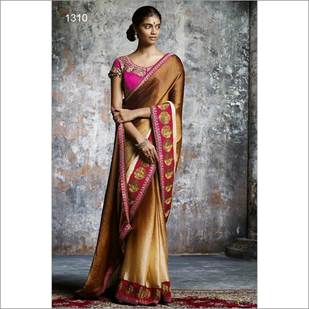 1310 - Chiffon 6.30 Saree | Golden & Pink Silk, Embroidered, Bollywood Style, Perfect for Rainy & Spring Seasons