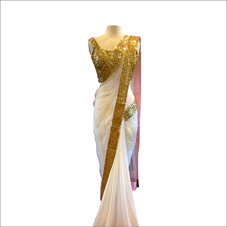 1321 - Georgette, 6.30 Size | White & Golden Embroidered Party Wear Saree - Stylish Bollywood Design for All Seasons