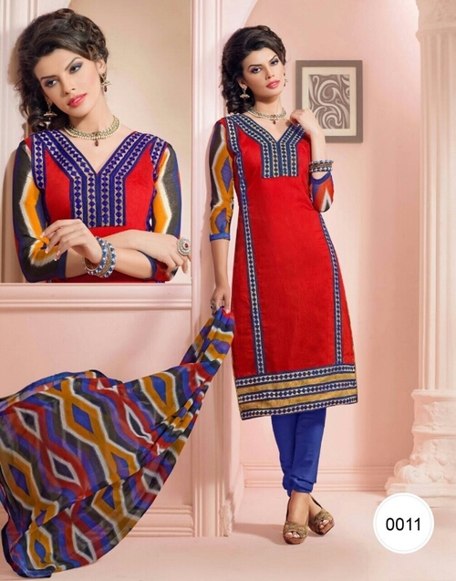 Chanderi Brasso Suit - Chanderi Brasso Fabric, 54 Inches, Red, Chiffon Dupatta, V-Neck, 3/4 Sleeves, Lined, Elegant Design, Comfortable Fit