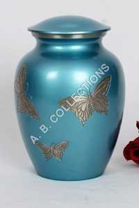 Blue Glossy Silver Engraved Butterfly Metal Pet Urn