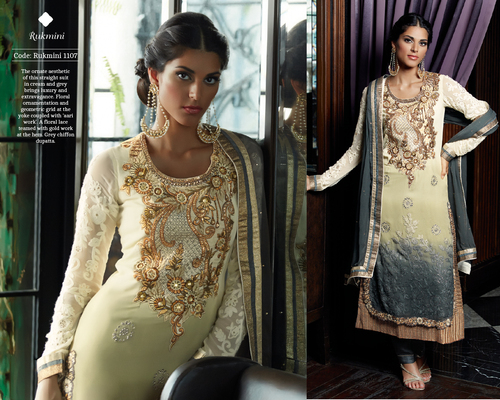 1107 - Georgette Fabric, Free Size, Yellow and Grey Colour, Full Sleeves, Embroidered Pattern | No Fade, Washable, All Season Fancy Designer Party Wear Salwar Kameez