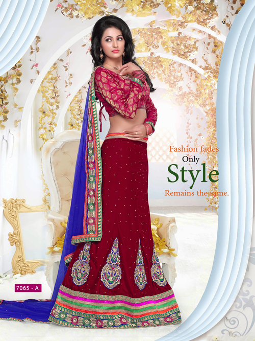 7065 A - Velvet + Net, Free Size, Blue & Maroon Colour Designer Wedding Lehanga | Embroidered, Full Sleeves, Hand Work, All Season, Washable