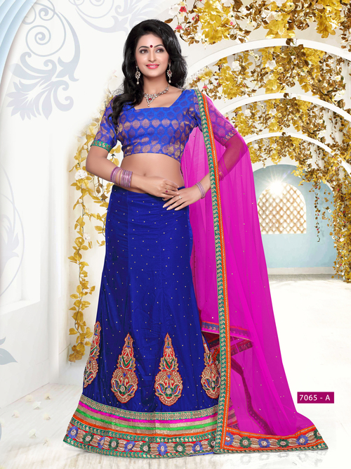 7065 B - Velvet & Net Fancy Designer Lehenga, Free Size | Blue & Pink Embroidered Pattern, Short Sleeves, Laces, Dry Clean & Washable