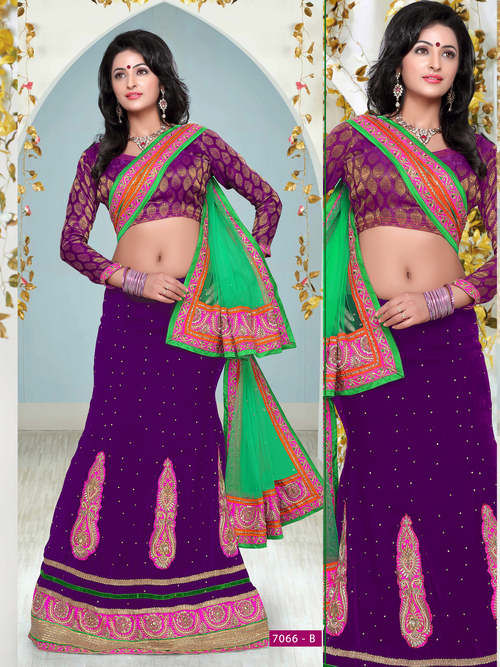 7066 B - Velvet & Net, Green & Blue Embroidered Lehanga | Full Sleeves, Washable, Dry Clean, No Fade, Intricate Lace Decoration