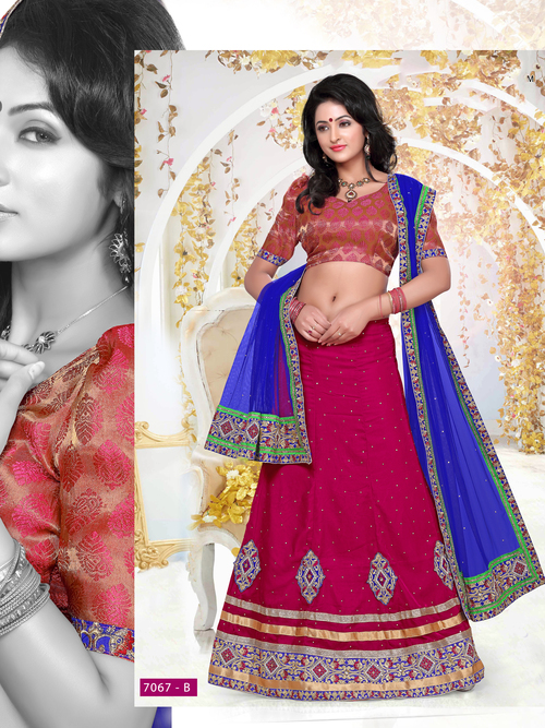 Embroidered Velvet And Net Fancy Bridal Wedding Lehanga - Free Size Blue & Maroon Color All Season Wear Stylish Short Sleeves Dry Clean Only