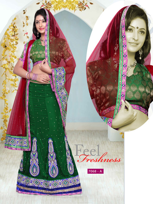 7068 A - Velvet & Net, Free Size | Maroon & Green Fancy Designer Wedding Wear Lehanga, Short Sleeves, Embroidered with Laces, Washable, Dry Clean Only