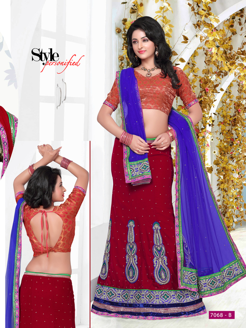 Fancy Wedding Wear Bridal Lehanga - Velvete & Net, Free Size | Blue & Maroon Color with Embroidery, Short Sleeves, Washable & No Fade