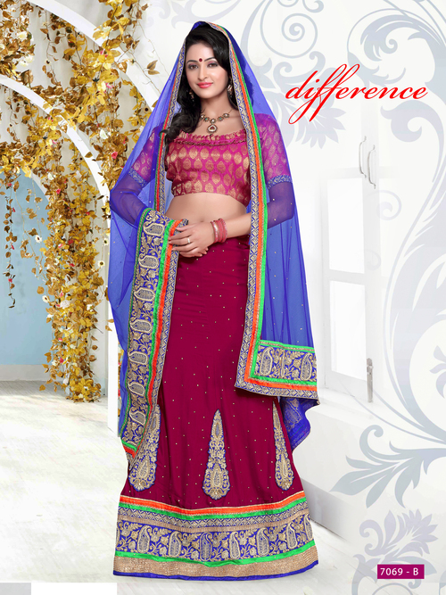 7069 B - Velvet & Net, Free Size, Blue & Maroon Colour Stylish Fancy Wedding Wear Lehenga | Embroidered, Hand Work, Short Sleeves, Washable