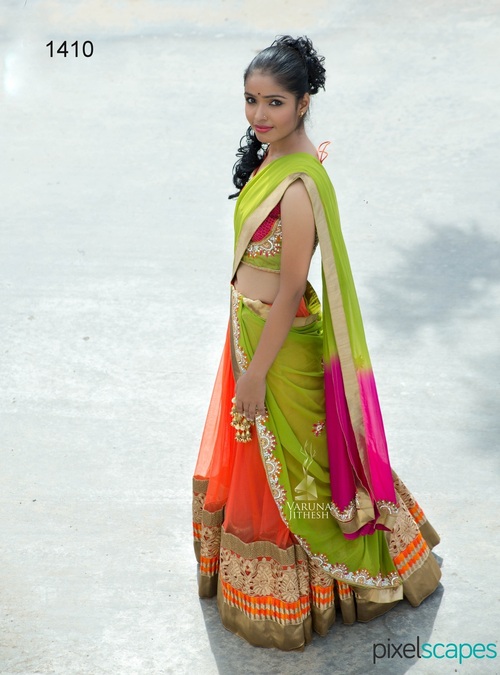 1410 - Net and Georgette Free Size Lehenga | Green and Orange Embroidered, Sleeveless, Washable, All Season, Decorated with Laces